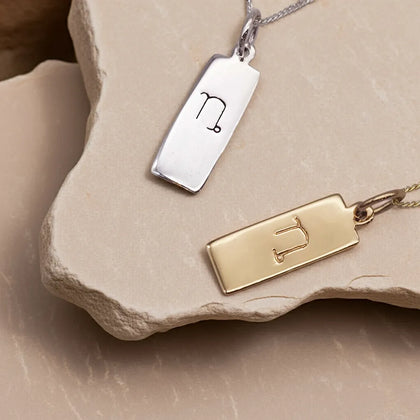 Gold and silver pendant necklaces with zodiac symbols on a stone surface
