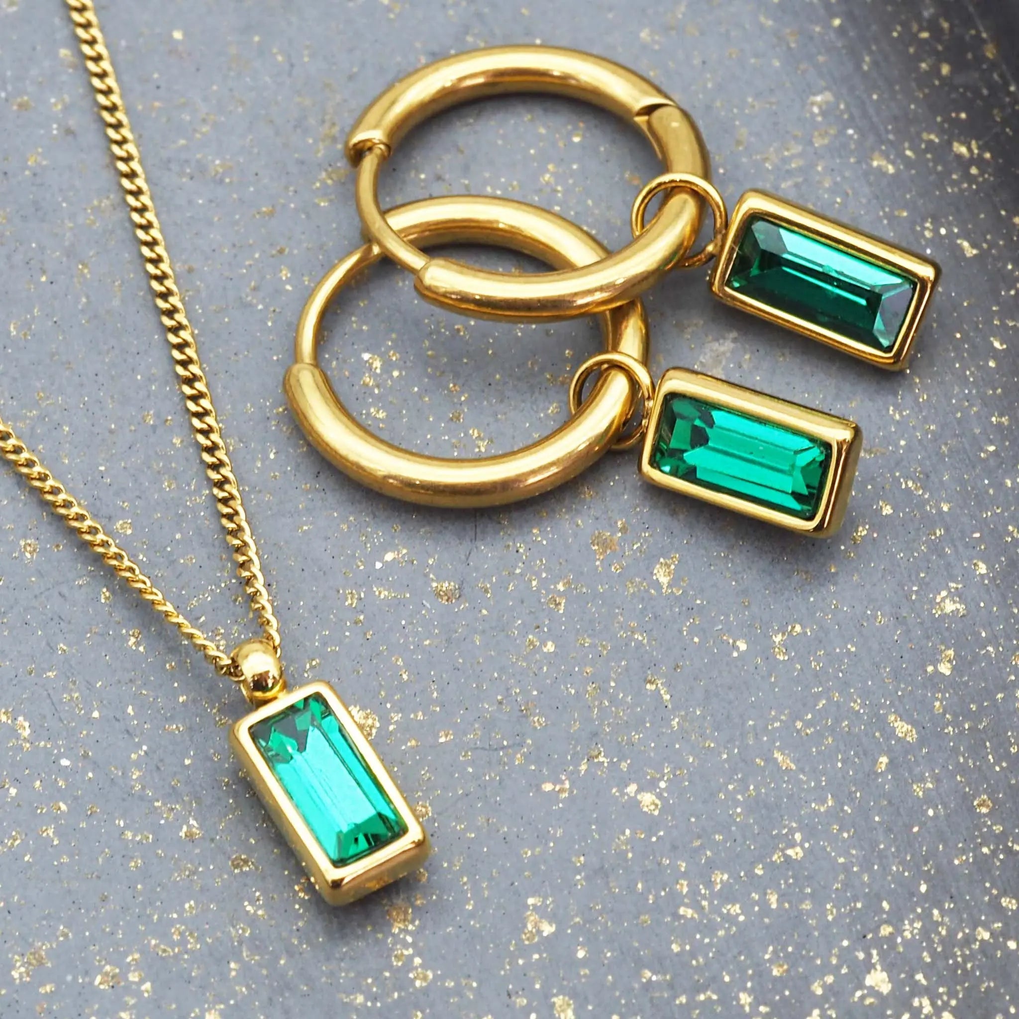 dainty green and gold earrings necklace by indie and Harper australia