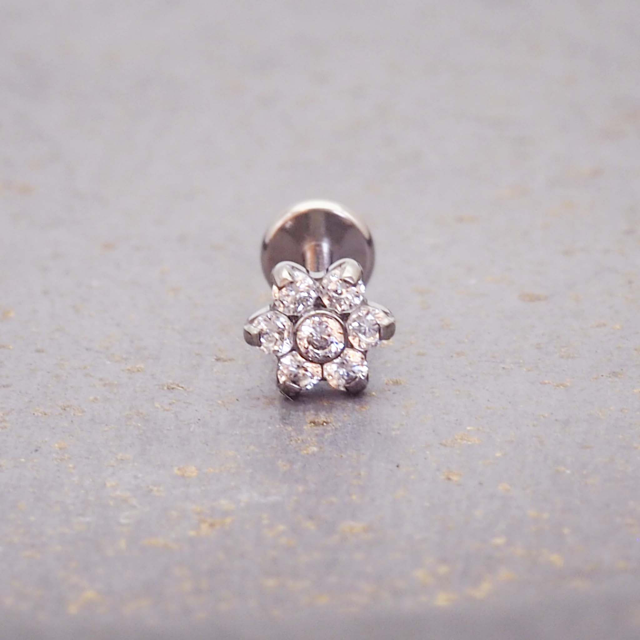 indie and harper silver dainty helix flat back with flower design - made with dainty cubic zirconia and stainless steel