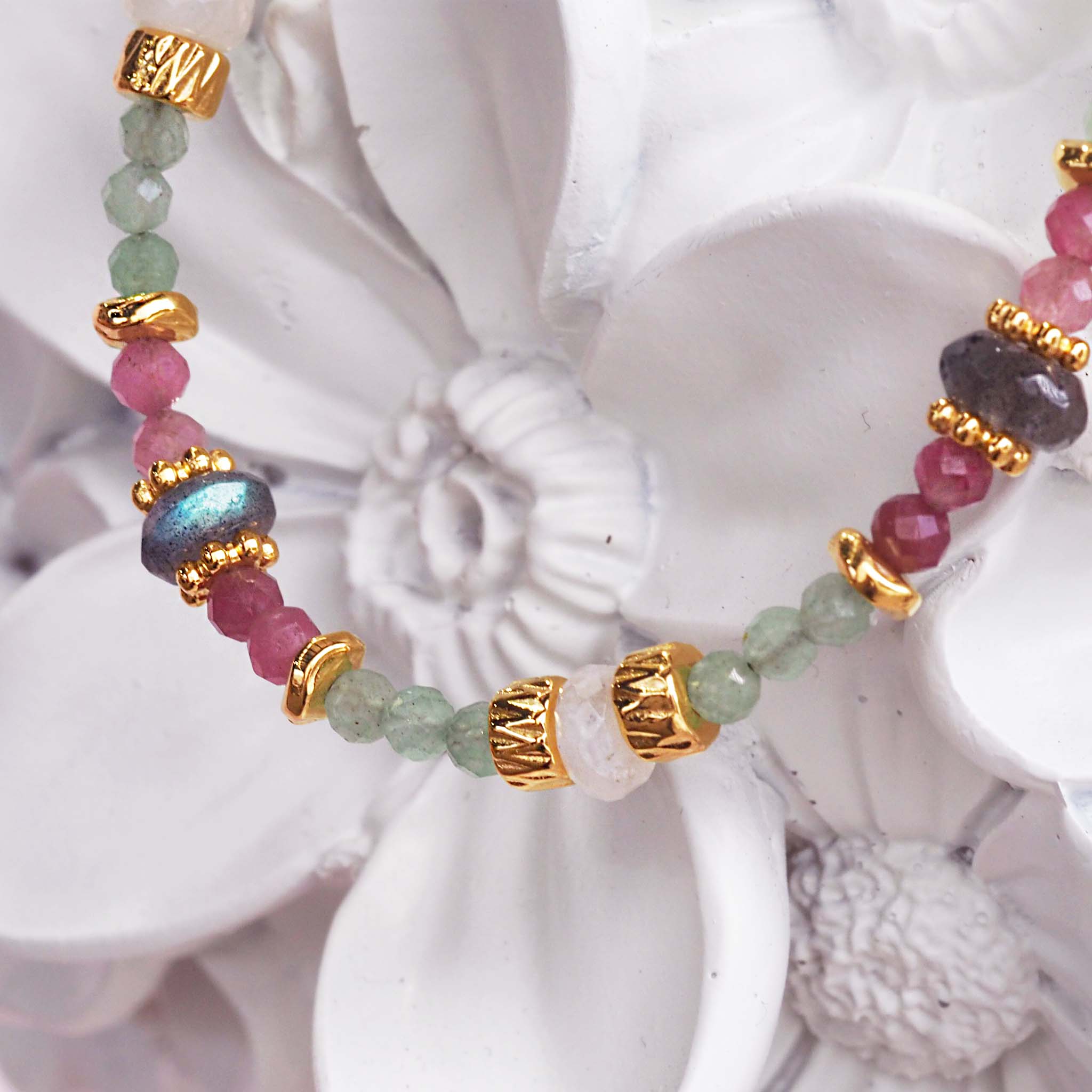 indie and harper dainty goddess beaded bracelet made with pink tourmaline, aventurine, moonstone and labradorite gemstones