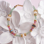 indie and harper dainty goddess beaded bracelet made with pink tourmaline, aventurine, moonstone and labradorite gemstones