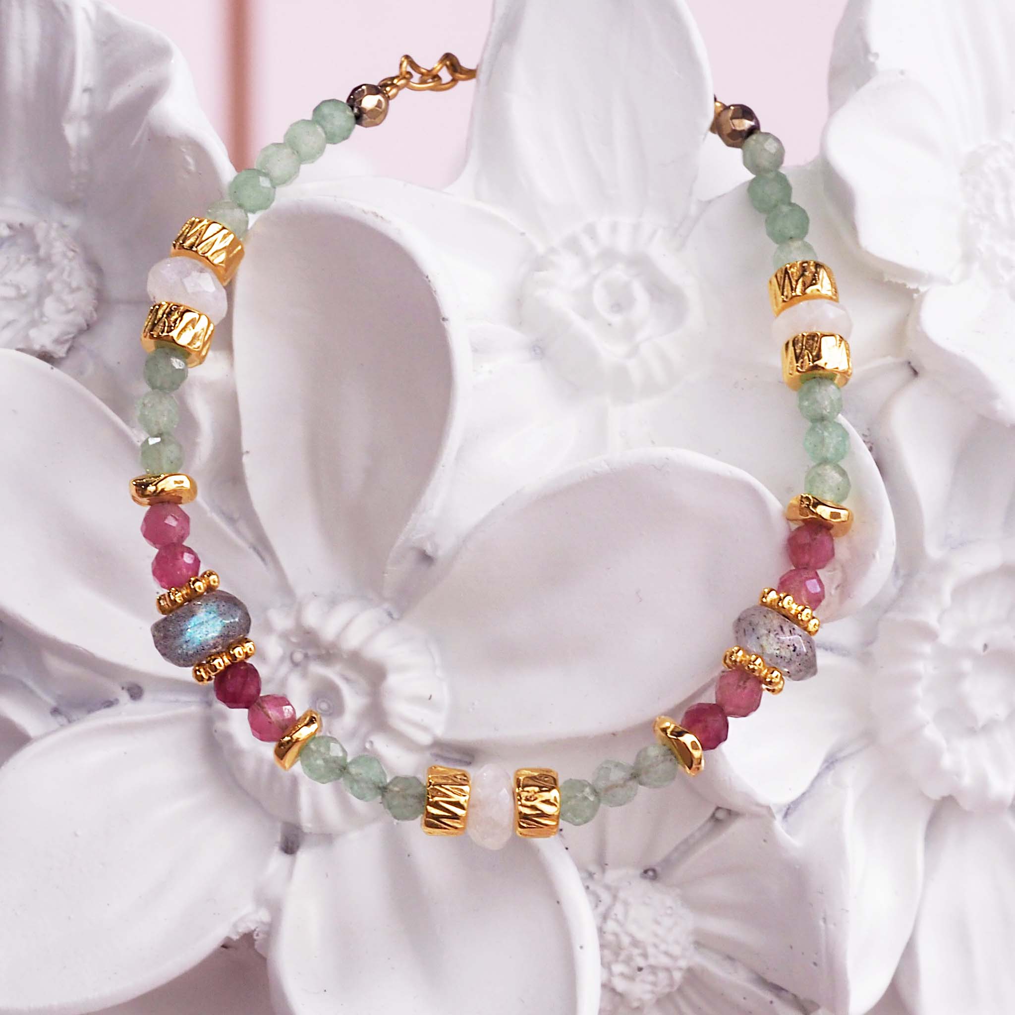 indie and harper dainty goddess beaded bracelet made with pink tourmaline, aventurine, moonstone and labradorite gemstones