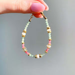 indie and harper dainty goddess beaded bracelet made with pink tourmaline, aventurine, moonstone and labradorite gemstones