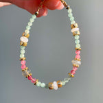 indie and harper dainty goddess beaded bracelet made with pink tourmaline, aventurine, moonstone and labradorite gemstones