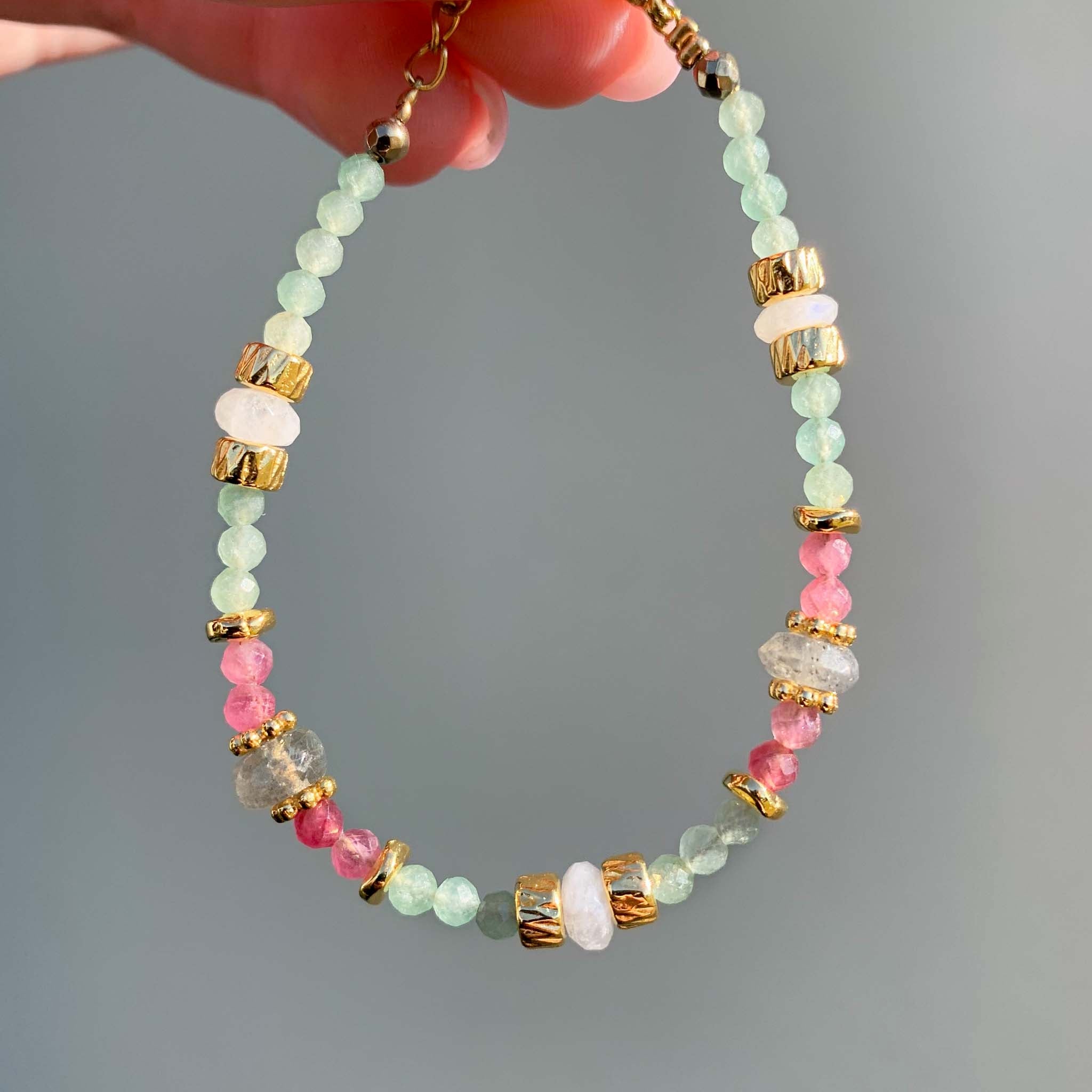 indie and harper dainty goddess beaded bracelet made with pink tourmaline, aventurine, moonstone and labradorite gemstones