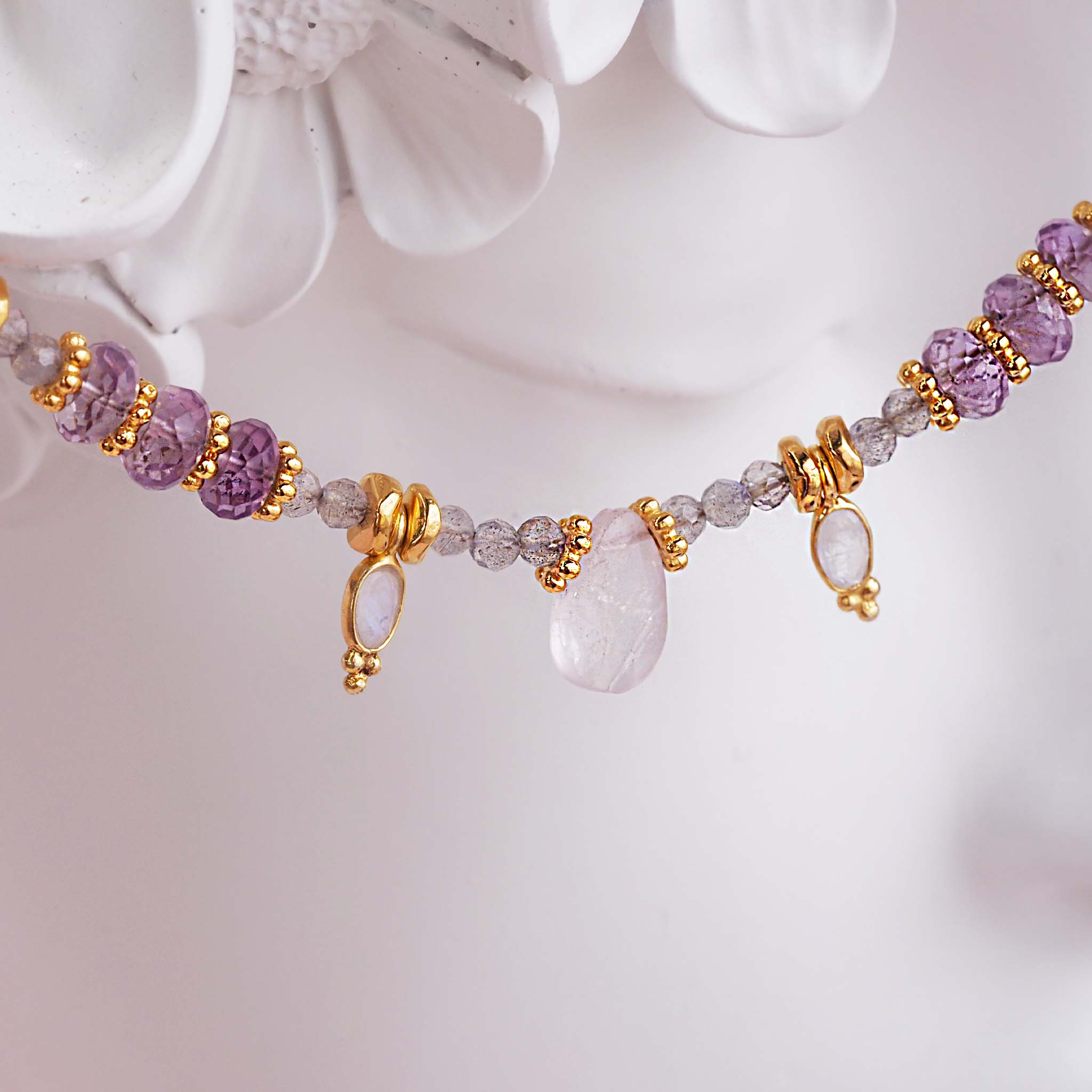 indie and harper dainty goddess necklace made with rose quartz, moonstone, labradorite and amethyst - bohemian jewellery australia