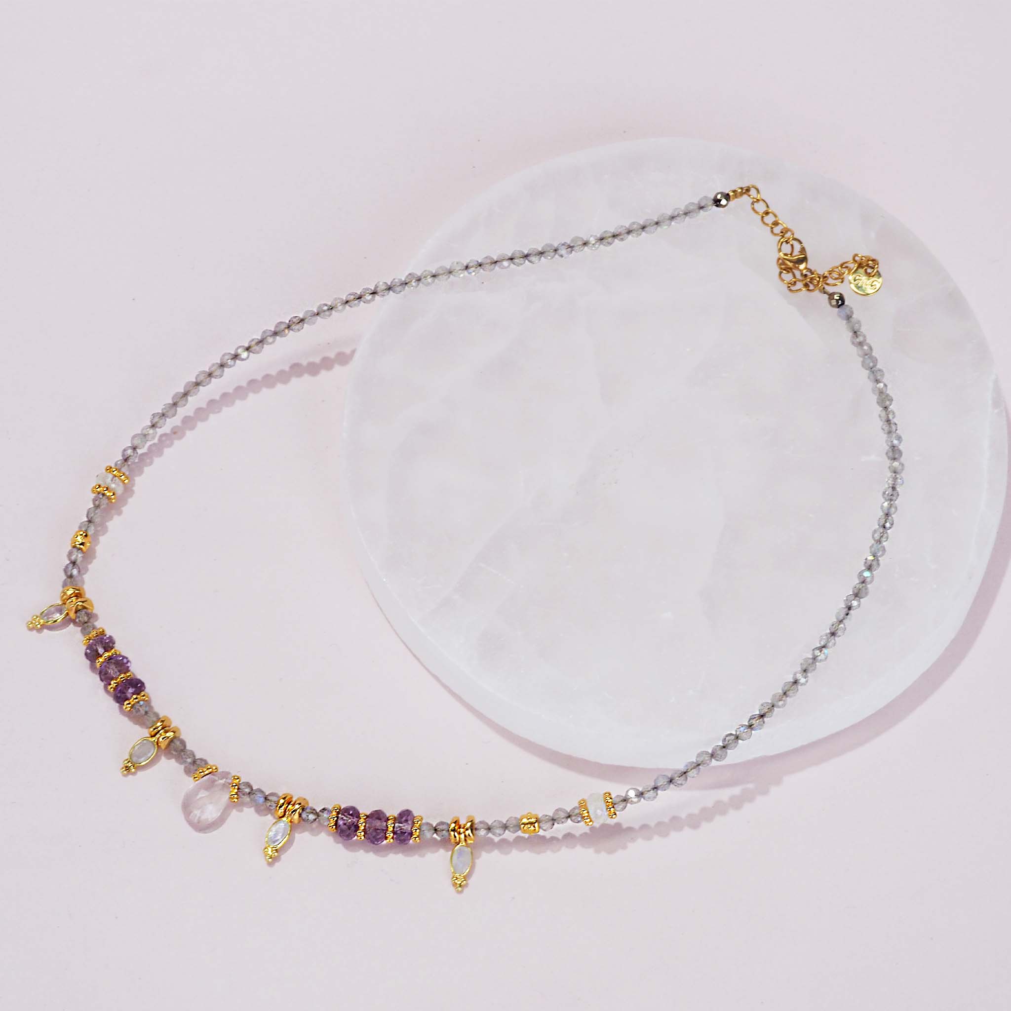 indie and harper dainty goddess necklace made with rose quartz, moonstone, labradorite and amethyst - bohemian jewellery australia