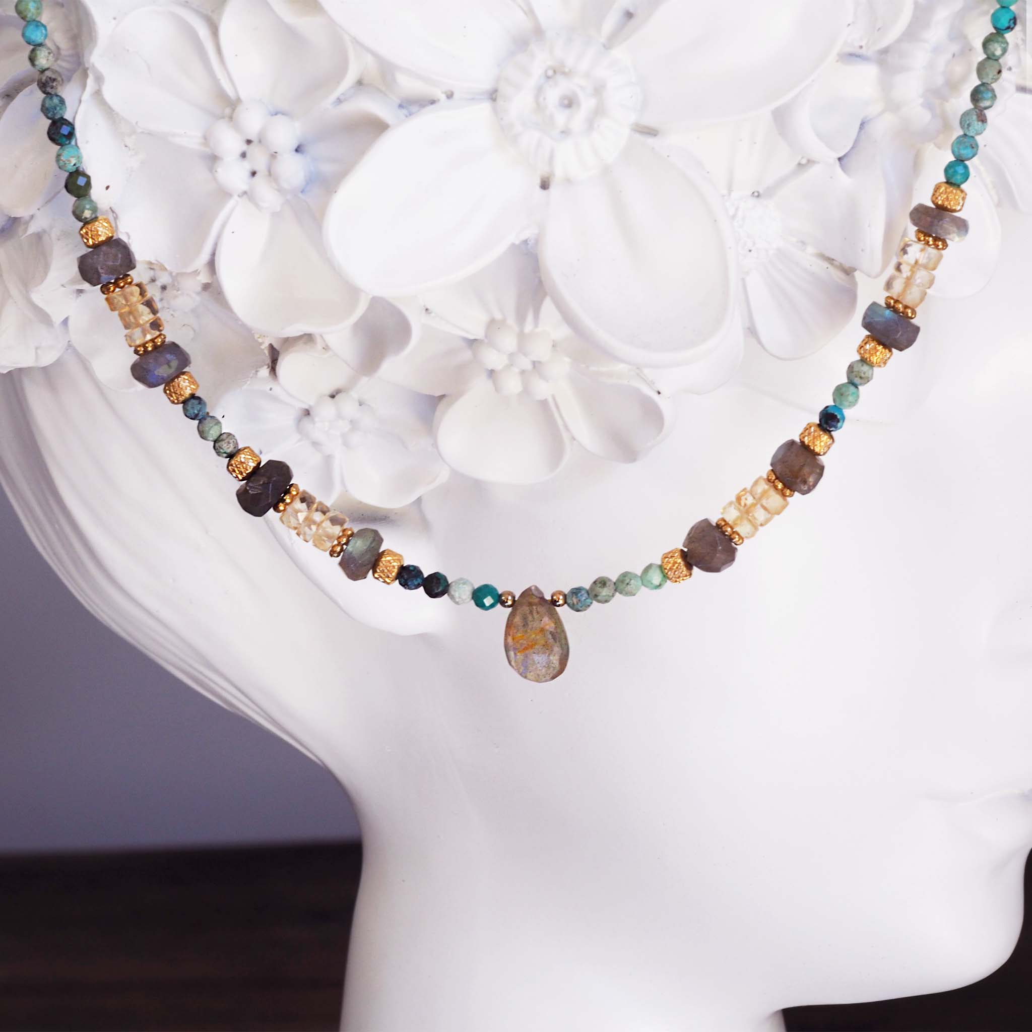 gemstone necklace made with natural turquoise, labradorite and citrine beads with gold plated stainless steel detailing by indie and harper
