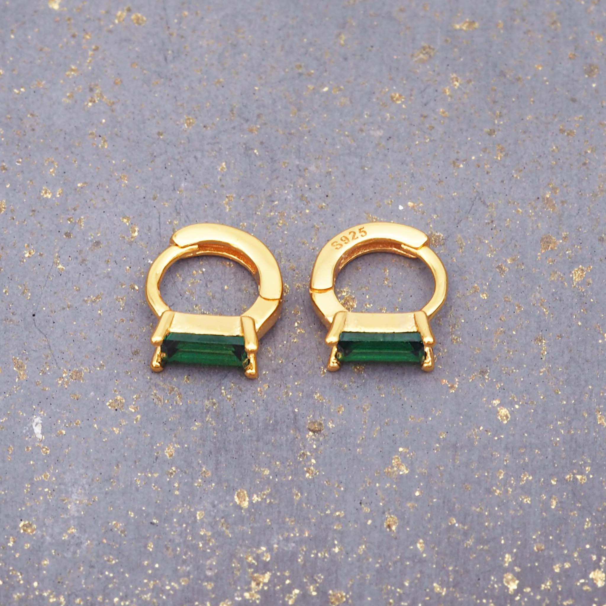 indie and harper dainty gold and green huggie earrings