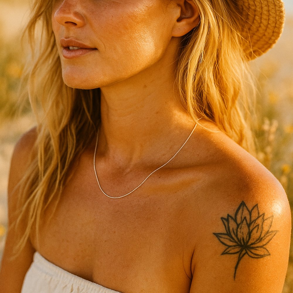 Woman with a tattoo on her shoulder wearing a straw hat and dainty sterling silver chain in a natural setting