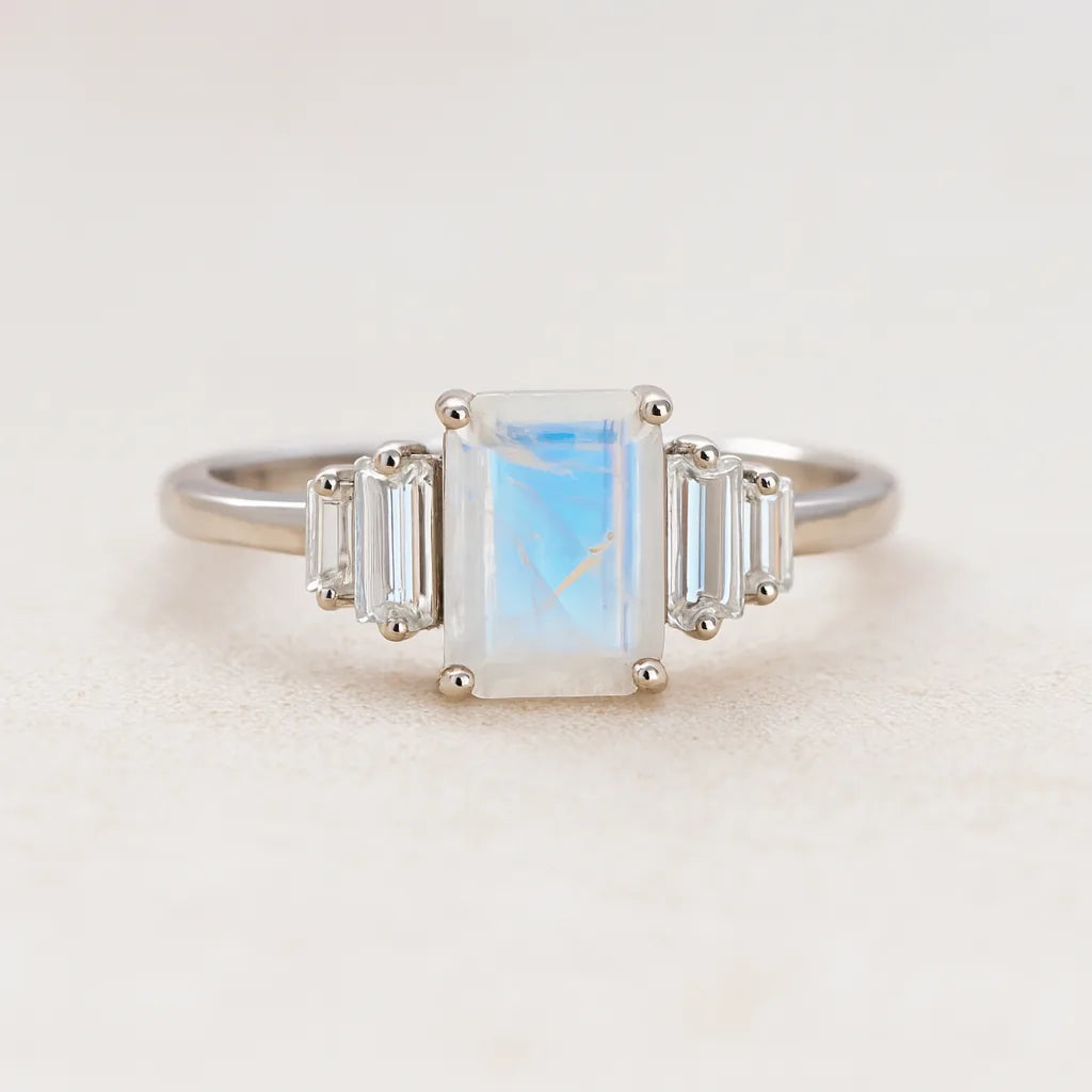 Silver Moonstone ring with a rectangular gemstone on a light background