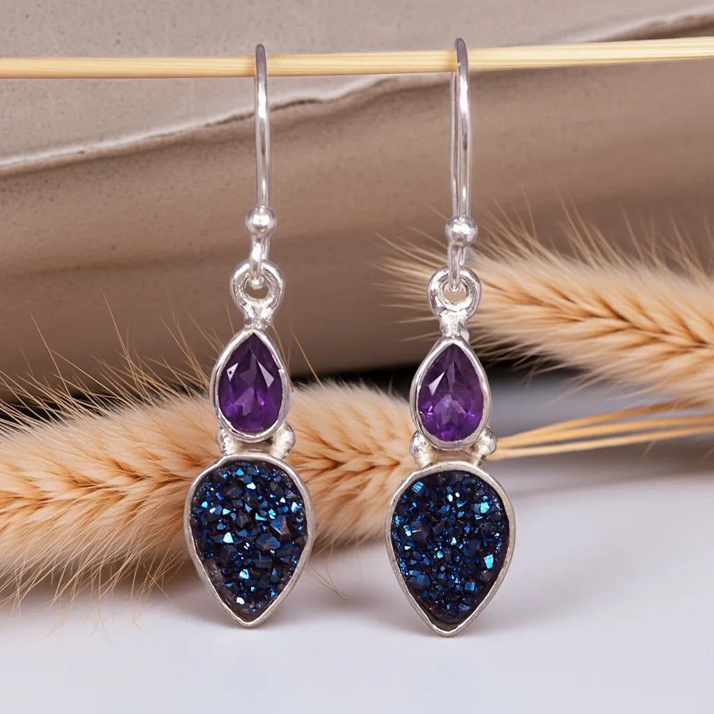 sterling silver french hook earrings with blue druzy and natural amethyst gemstones