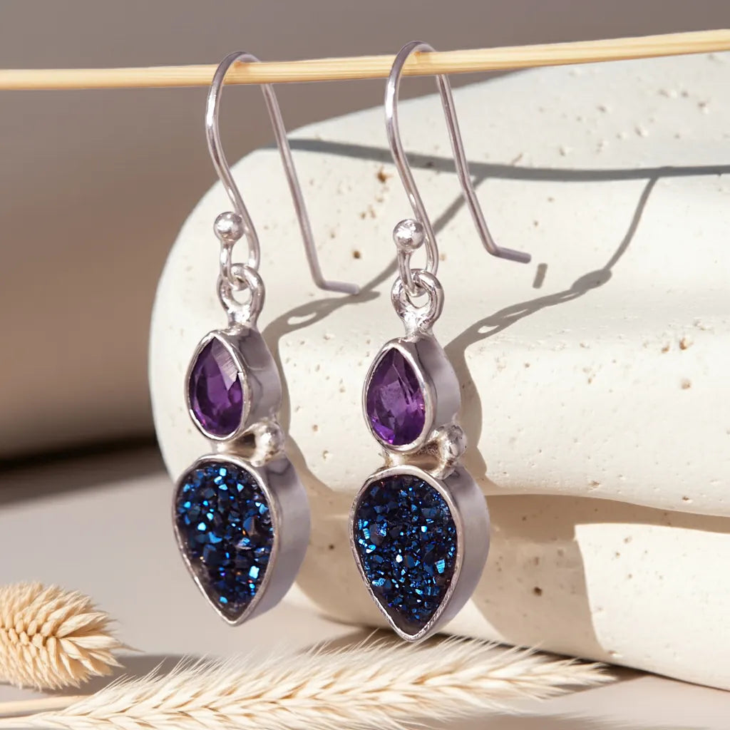sterling silver french hook earrings with blue druzy and amethyst tear drop gemstones by indie and harper australia