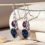 sterling silver french hook earrings with blue druzy and amethyst tear drop gemstones by indie and harper australia