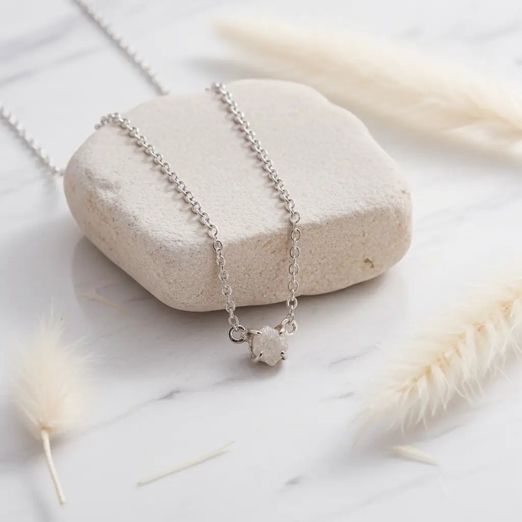 Glacier raw diamond necklace by Indie and Harper in sterling silver, claw-set and designed for everyday wear