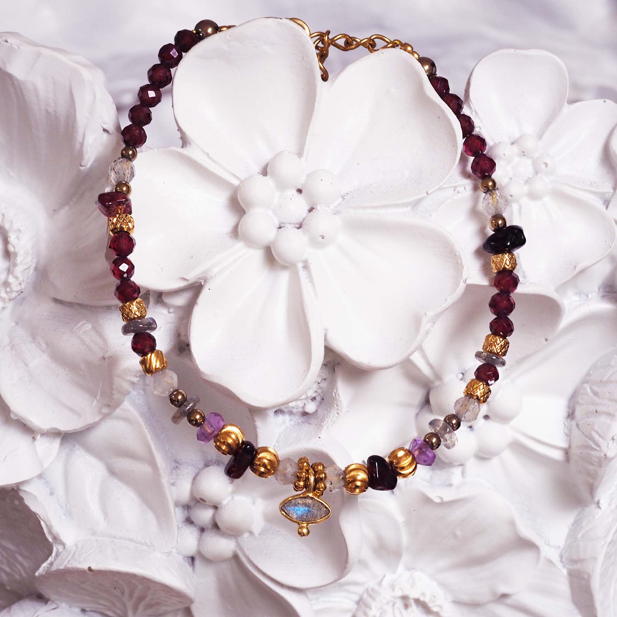indie and harper dainty bracelet made with natural gemstones and gold beaded detailing