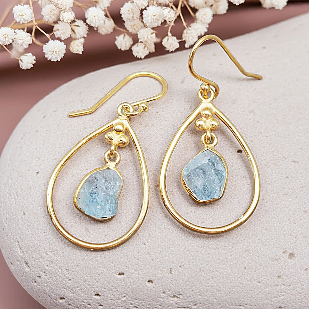 gold french hoop earrings with raw aquamarine gemstone by indie and harper australia