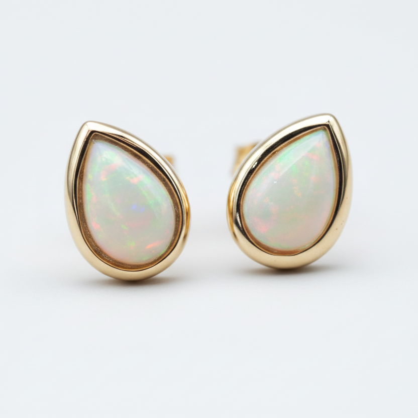 Teardrop-shaped opal earrings with gold setting on a light gray background