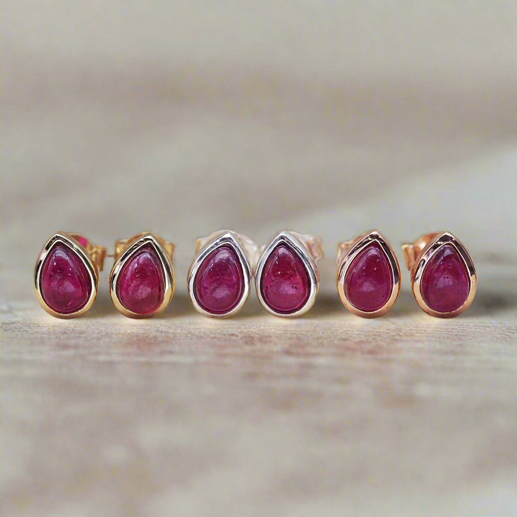 indie and harper July Birthstone ruby earrings in gold, silver and rose gold