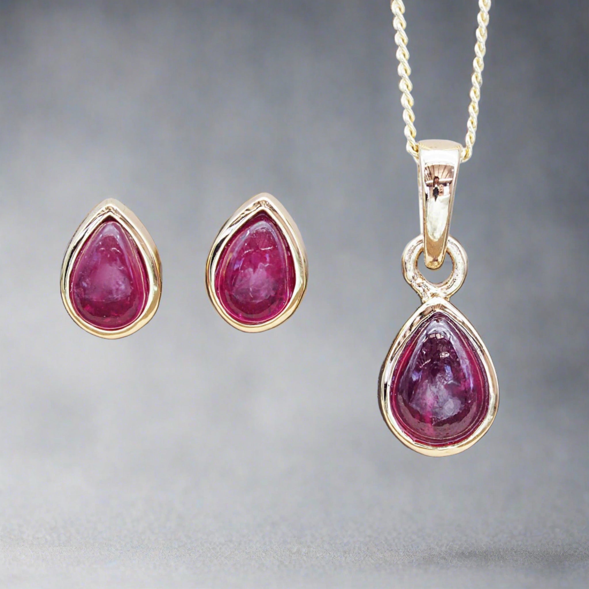 gold July Birthstone ruby earrings and ruby necklace indie and harper australia
