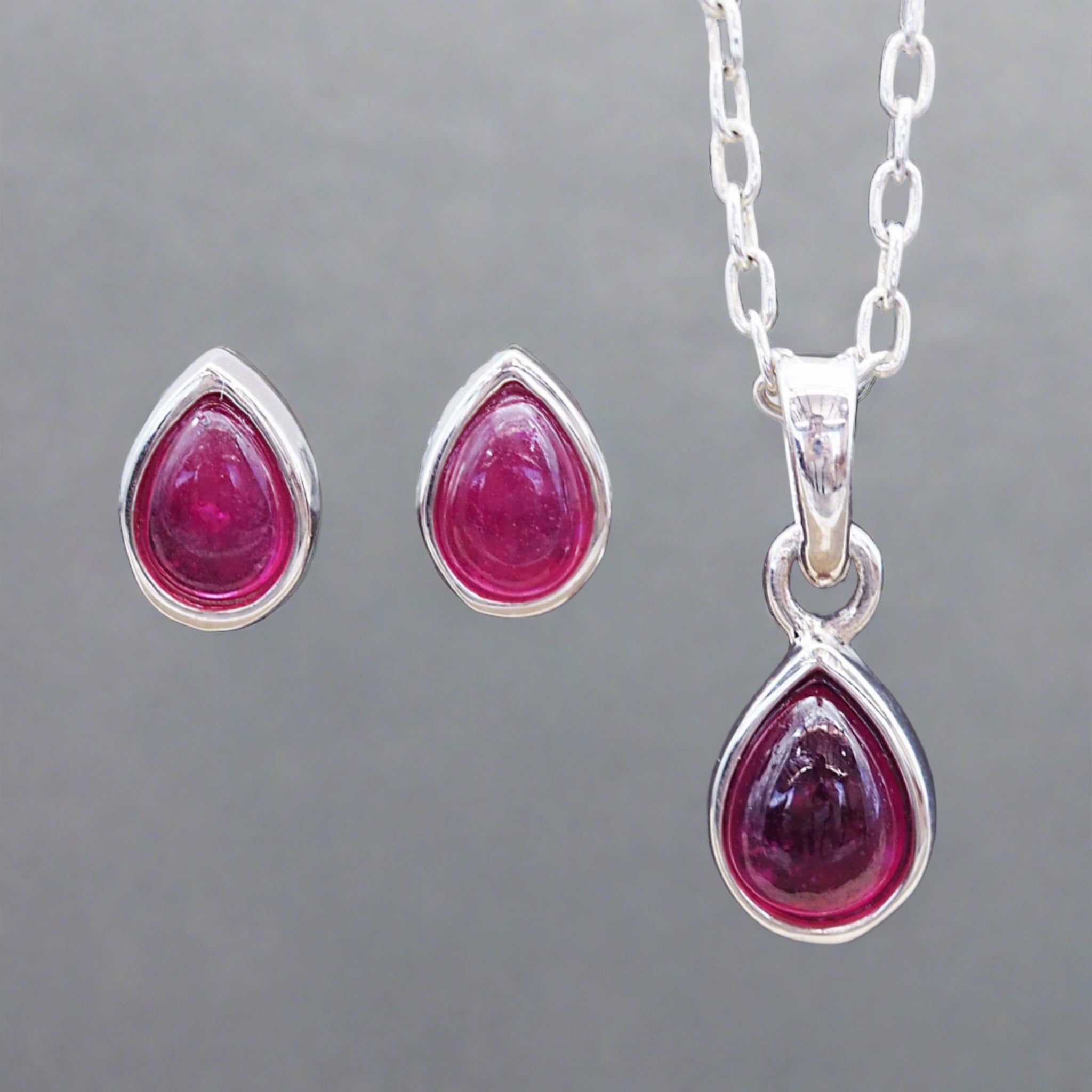 silver July Birthstone ruby earrings and ruby necklace by indie and harper australia