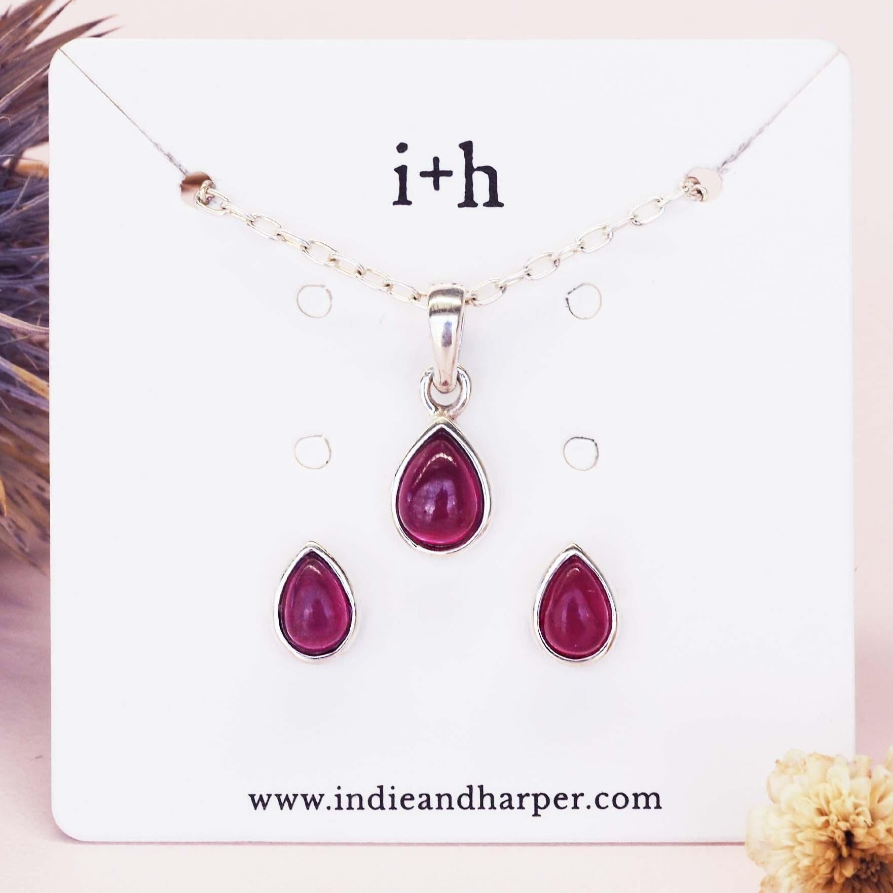 sterling silver July Birthstone ruby earrings and ruby necklace by indie and harper australia