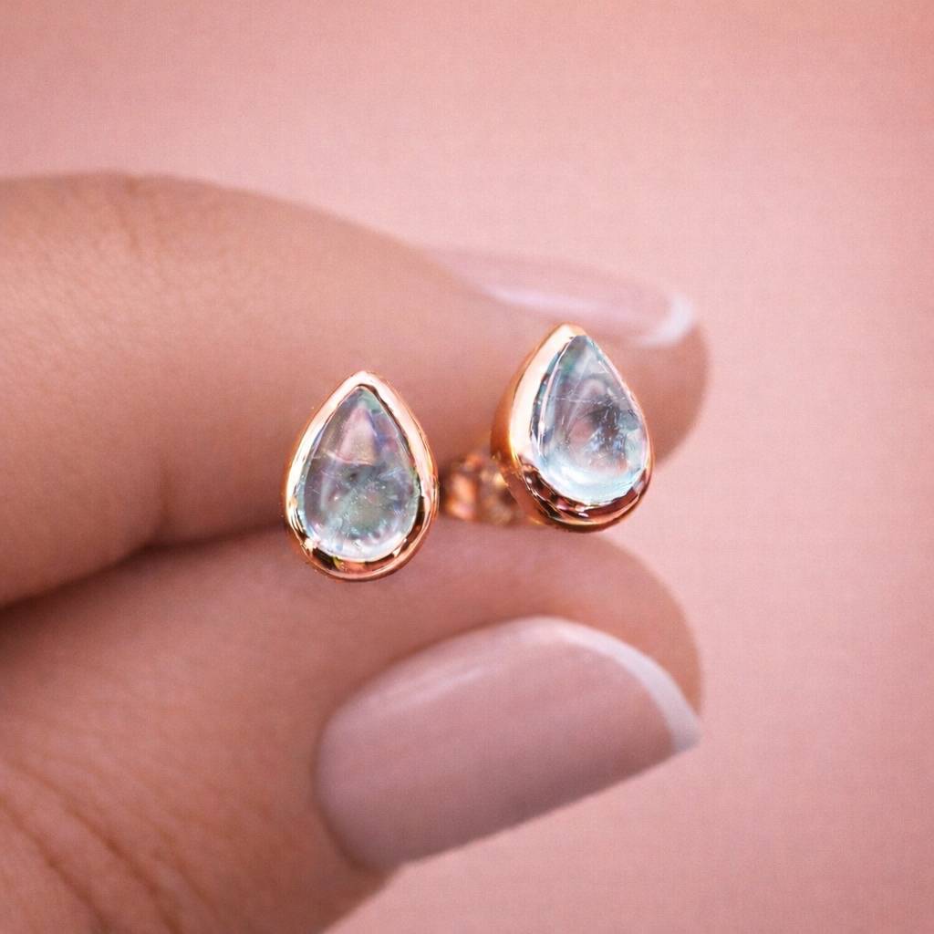 indie and harper rose gold march birthstone aquamarine earrings