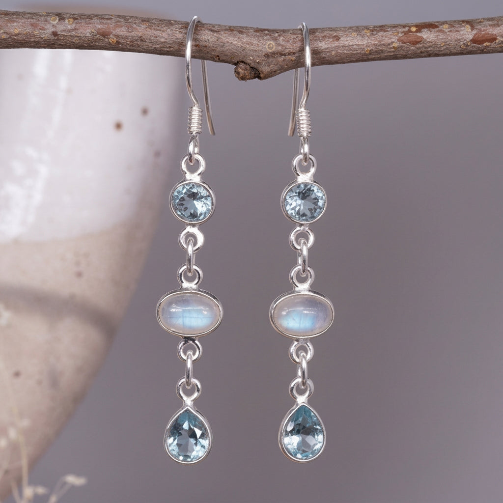Pair of sterling silver moonstone and blue topaz drop earrings