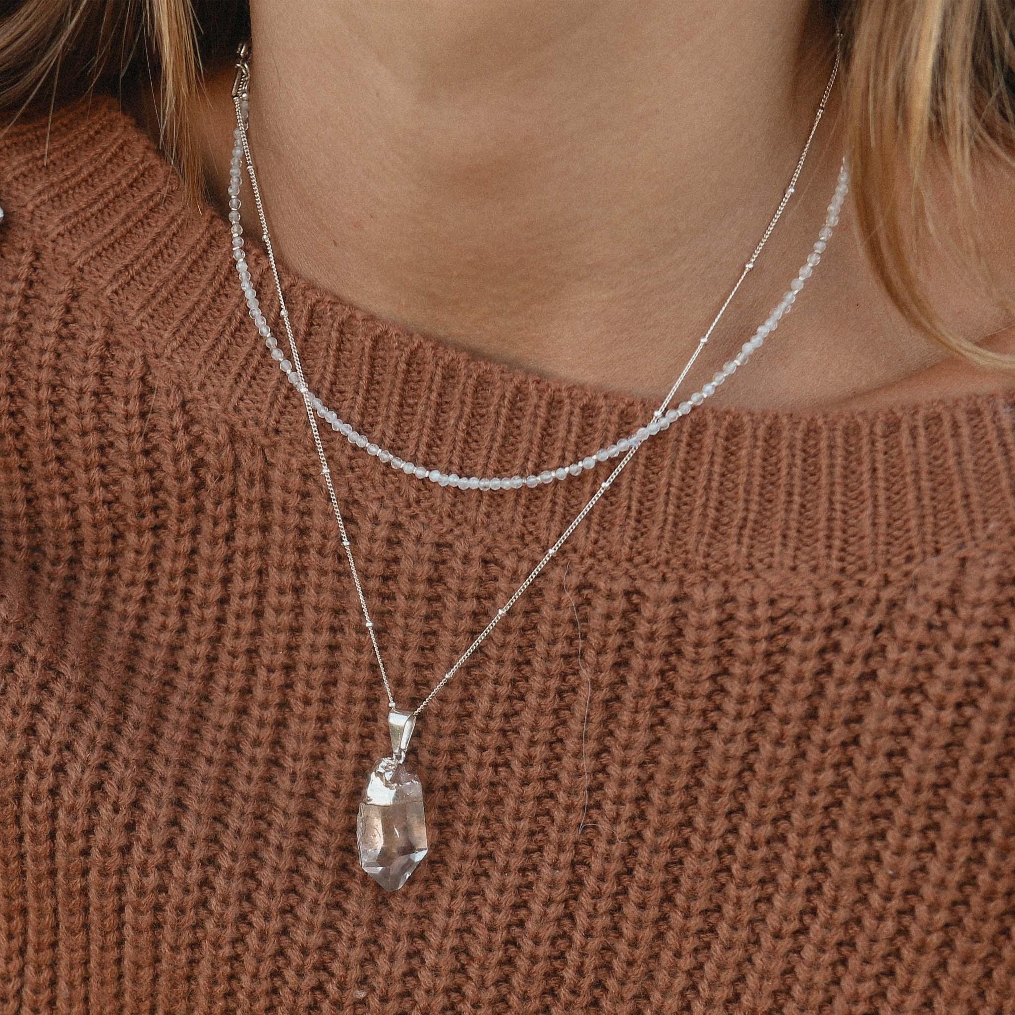 Woman wearing moonstone Beaded necklace by indie and harper 