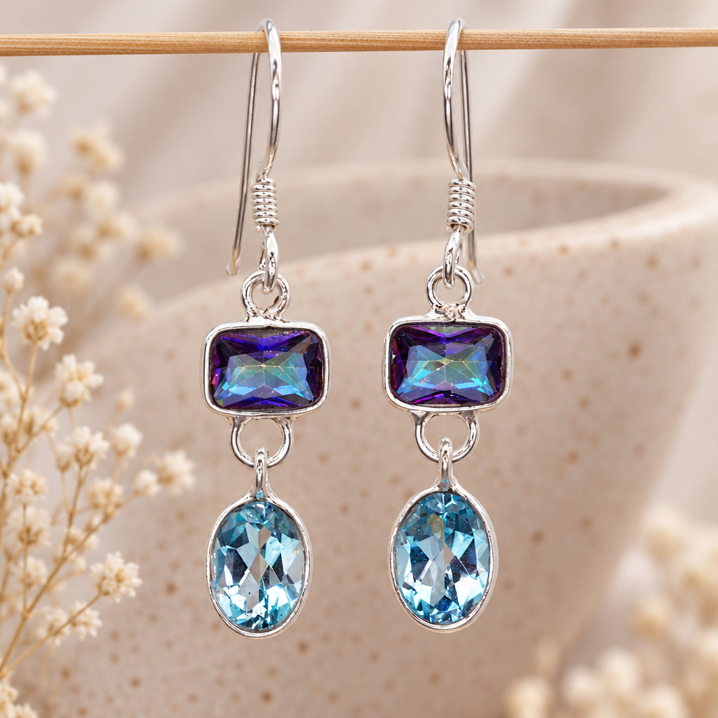 Dainty mystic quartz and blue topaz earrings in sterling silver