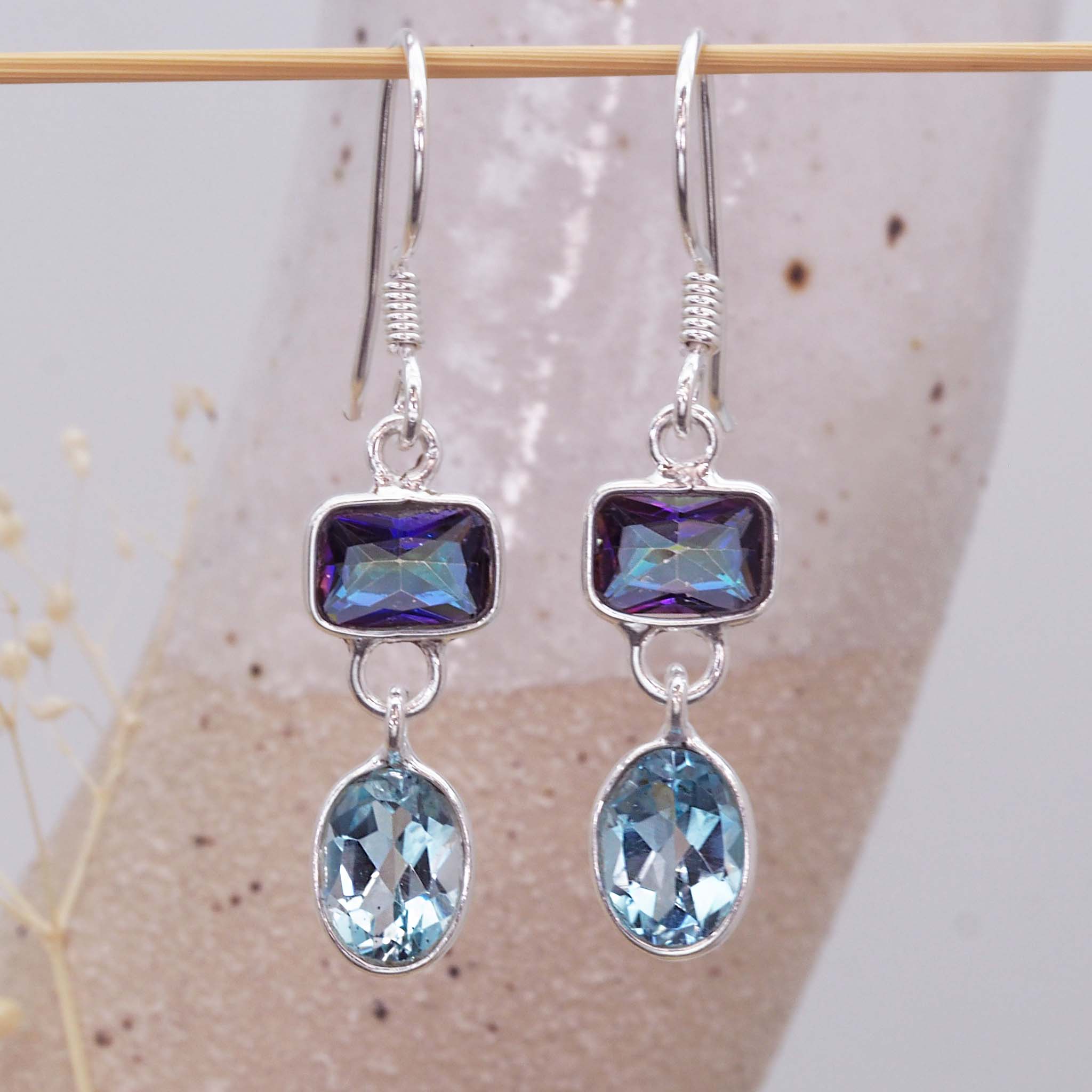 dainty mystic quartz and blue topaz earrings by indie and harper