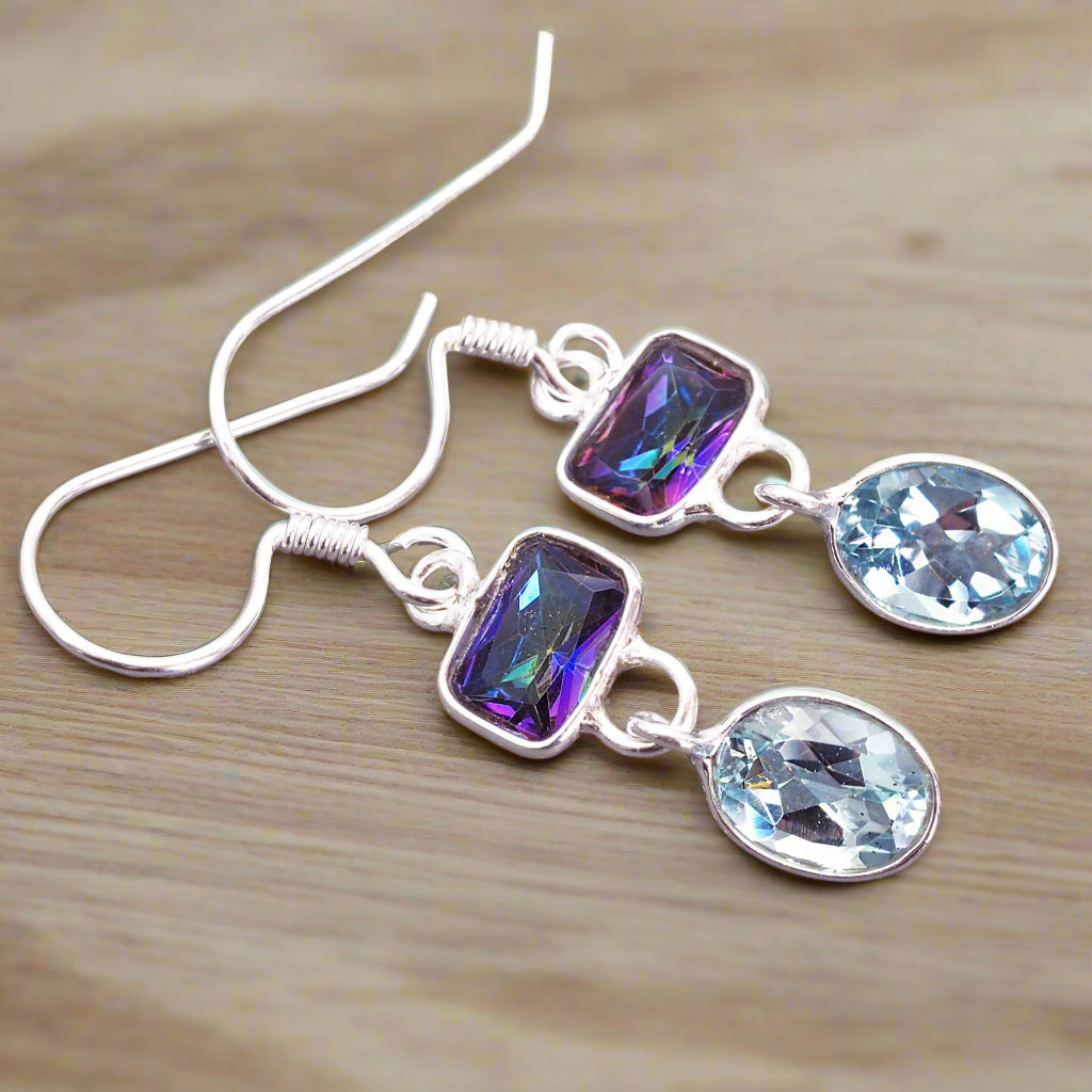 indie and harper dainty mystic quartz and blue topaz earrings 
