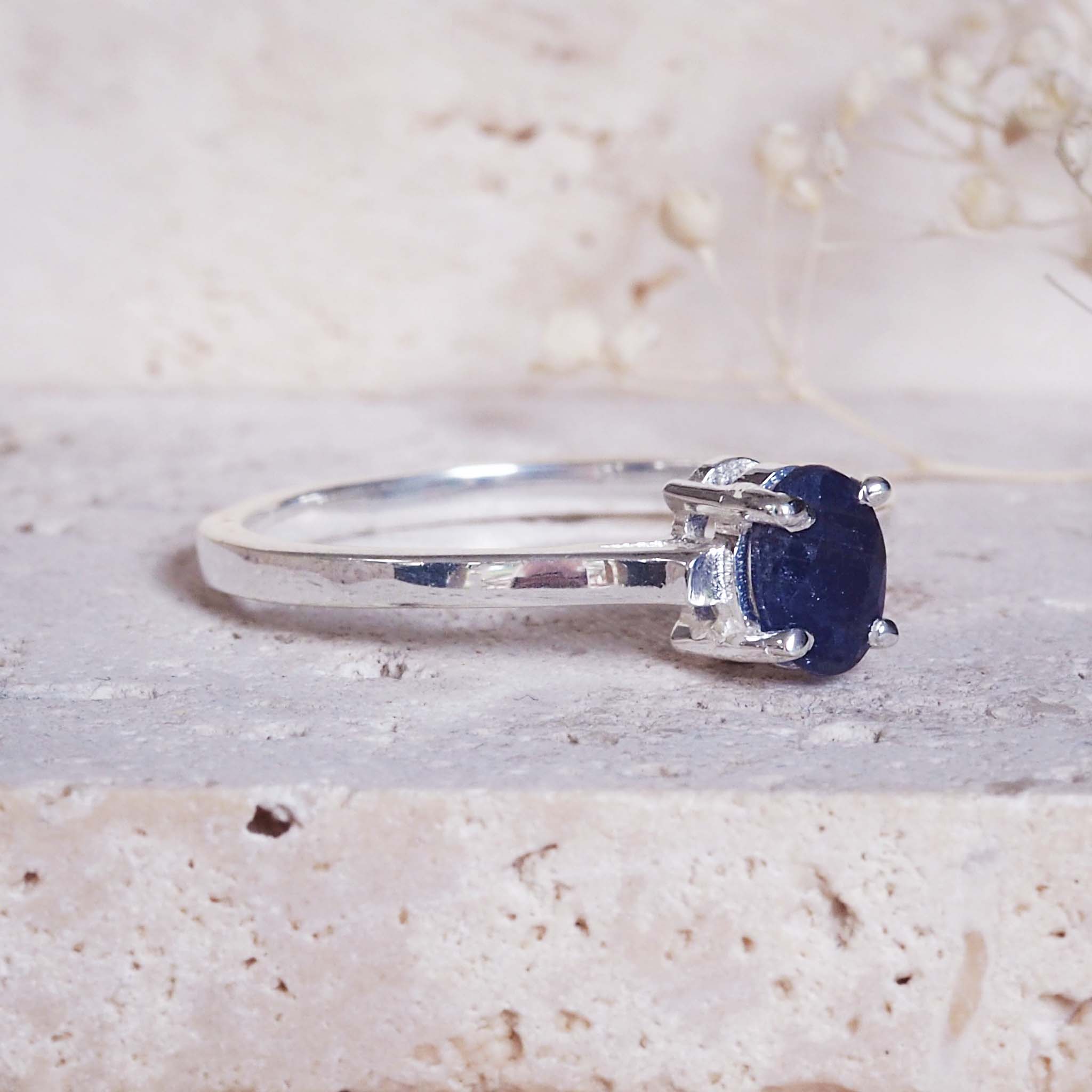 indie and harper sterling silver dainty ring with natural sapphire gemstone