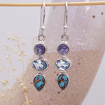 indie and harper natural gemstone earrings made with tanzanite, topaz and turquoise