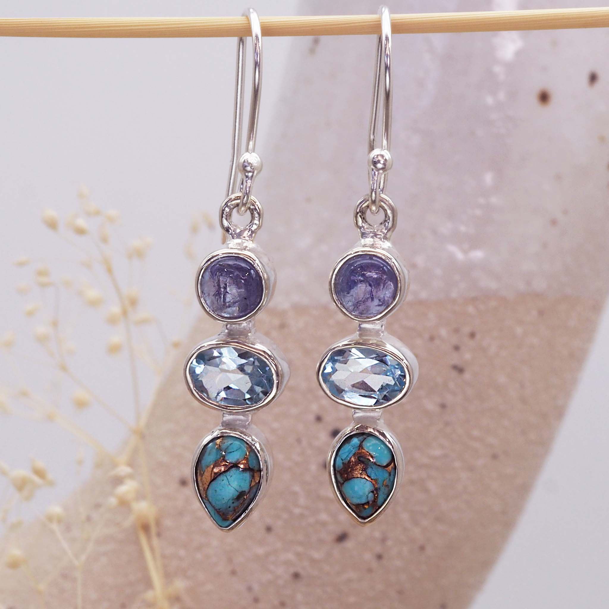 indie and harper natural gemstone earrings made with tanzanite, topaz and turquoise