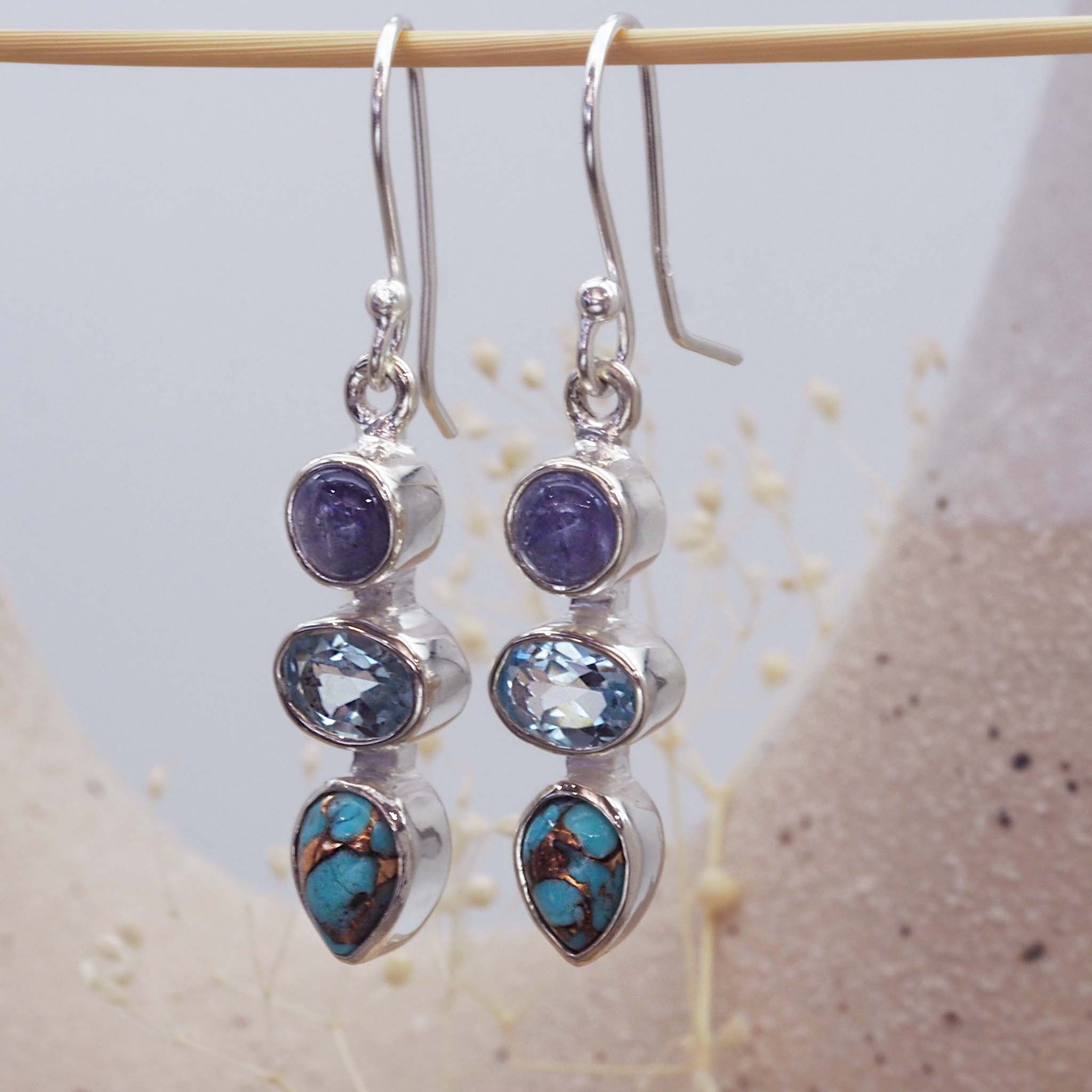 indie and harper sterling silver natural gemstone earrings made with tanzanite, topaz and turquoise - gemstone jewellery Australia