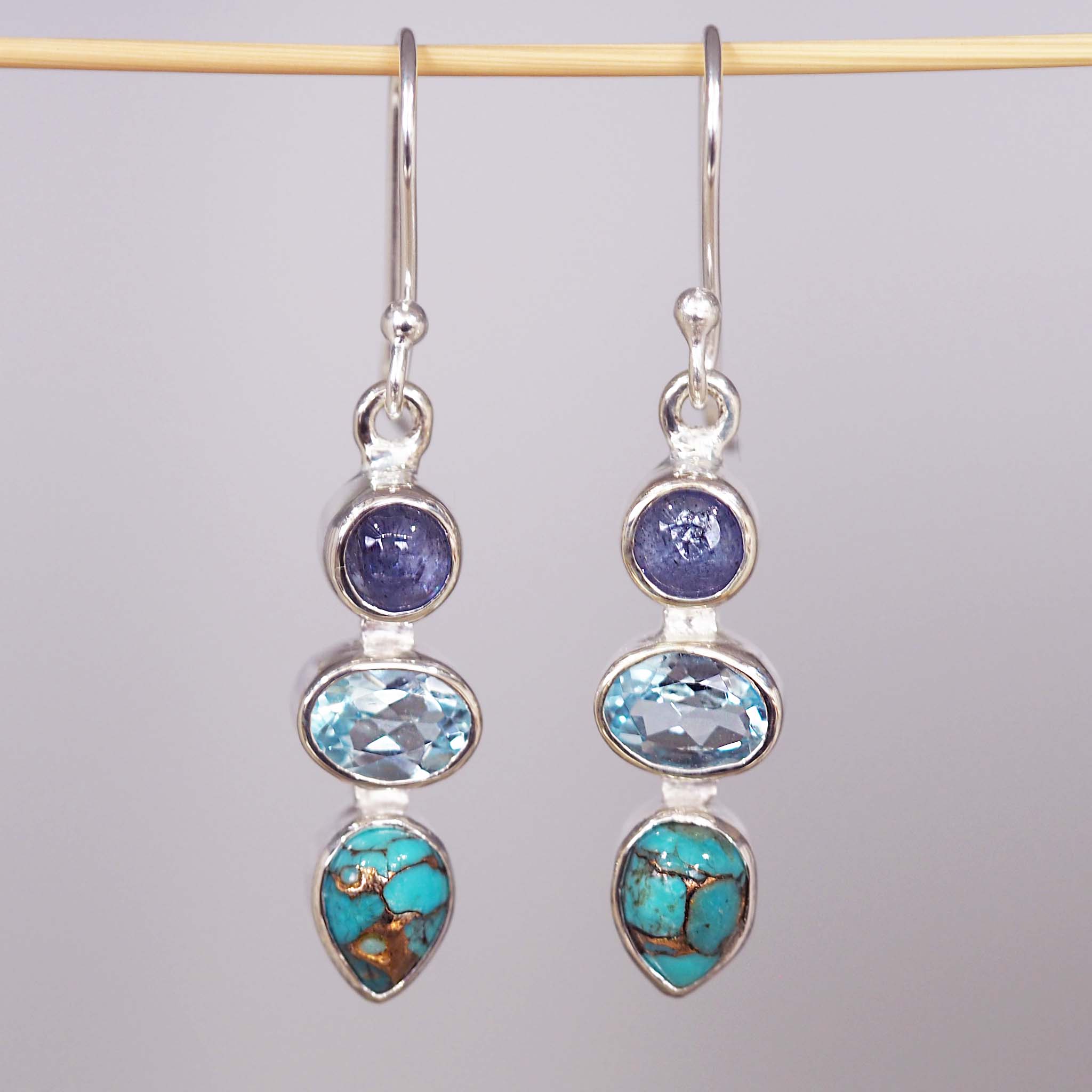 natural gemstone earrings made with tanzanite, topaz and turquoise