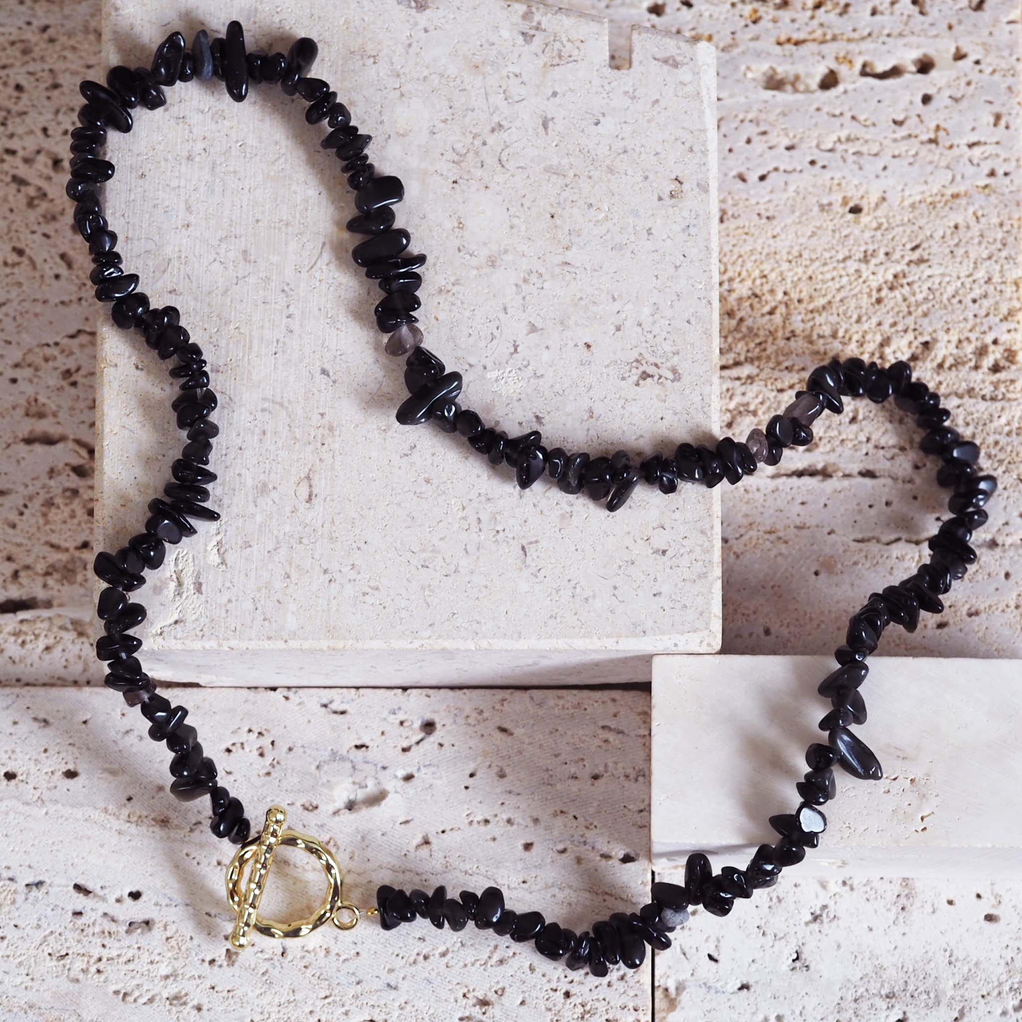 Gold Lariat style beaded necklace with natural obsidian gemstones