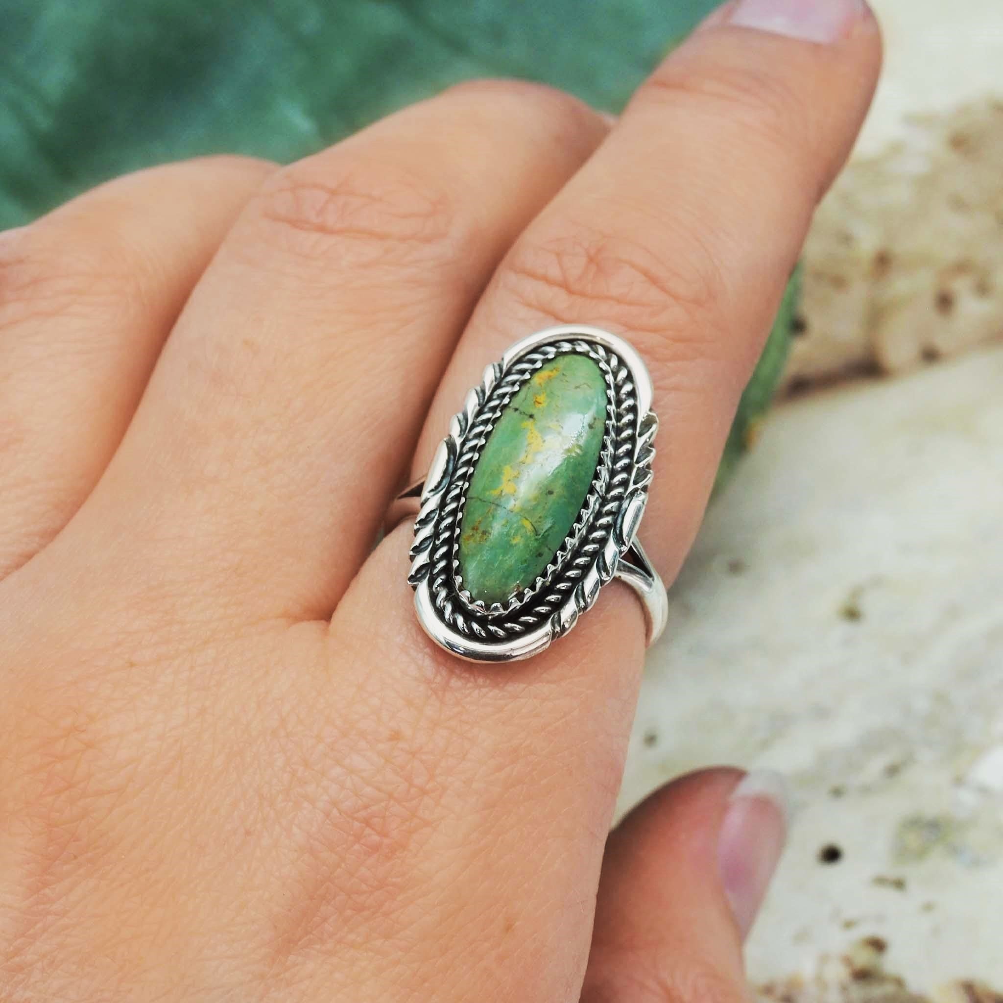 indie and harper sterling silver green Turquoise Ring being worn