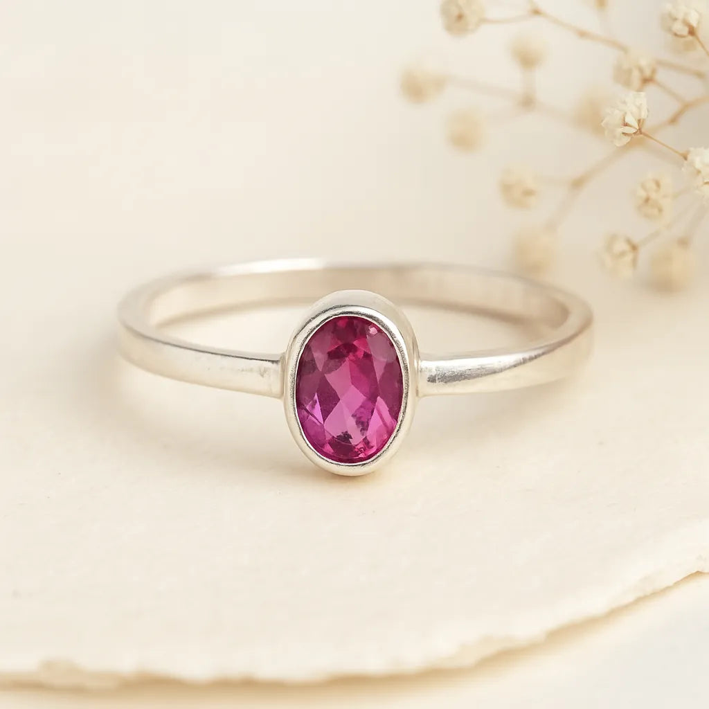 Silver ring with a pink gemstone on a beige background