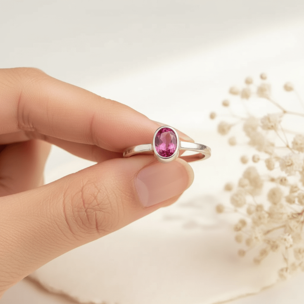 Hand holding a silver ring with a pink gemstone against a soft background