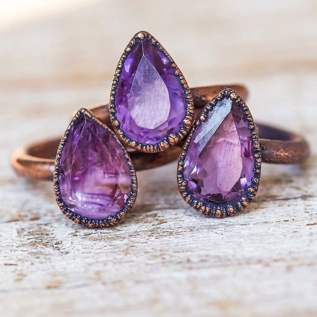 Copper amethyst rings with teardrop purple stones on a wooden surface