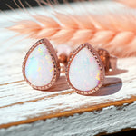 rose gold tear drop white opal stud earrings by indie and harper australi