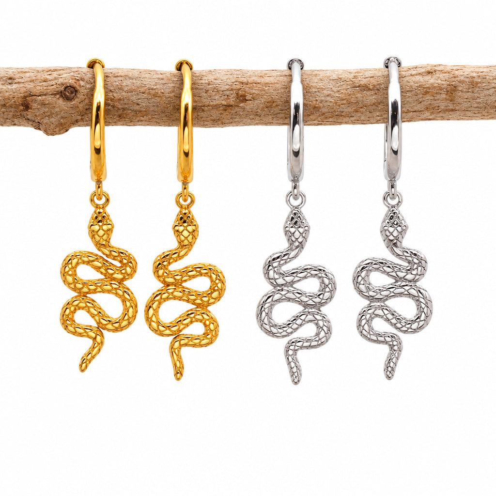 Serpent charm hoop earrings in silver and gold