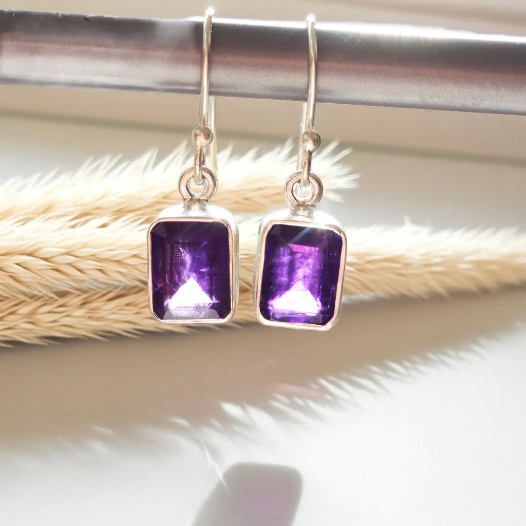Pair of silver earrings with purple gemstones on a white background