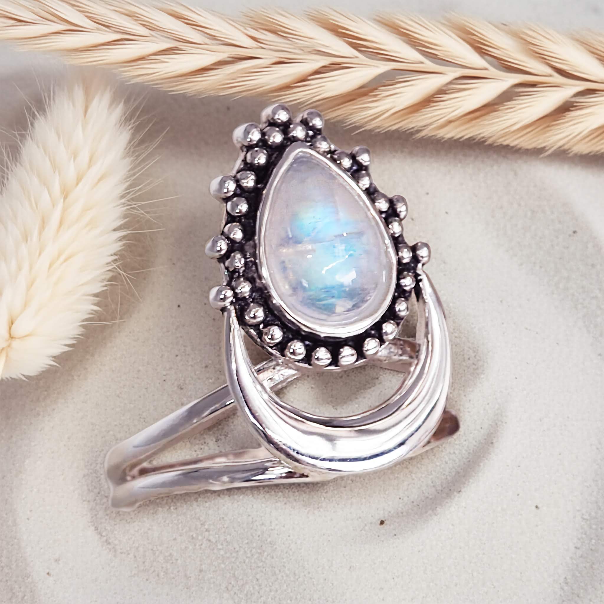 sterling silver half moon moonstone ring by indie and harper