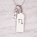 sterling Silver necklace with a capricorn zodiac pendant and a 'A' initial pendant on a light wooden background