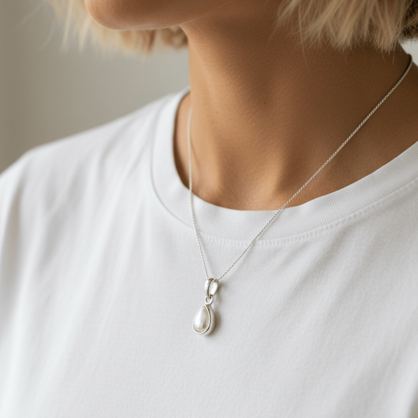 Sterling silver Pearl pendant necklace worn 