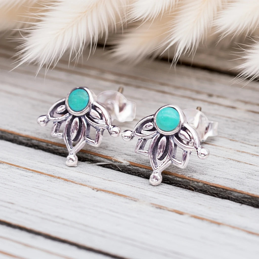 sterling silver lotus stud earrings with turquoise stones by indie and harper