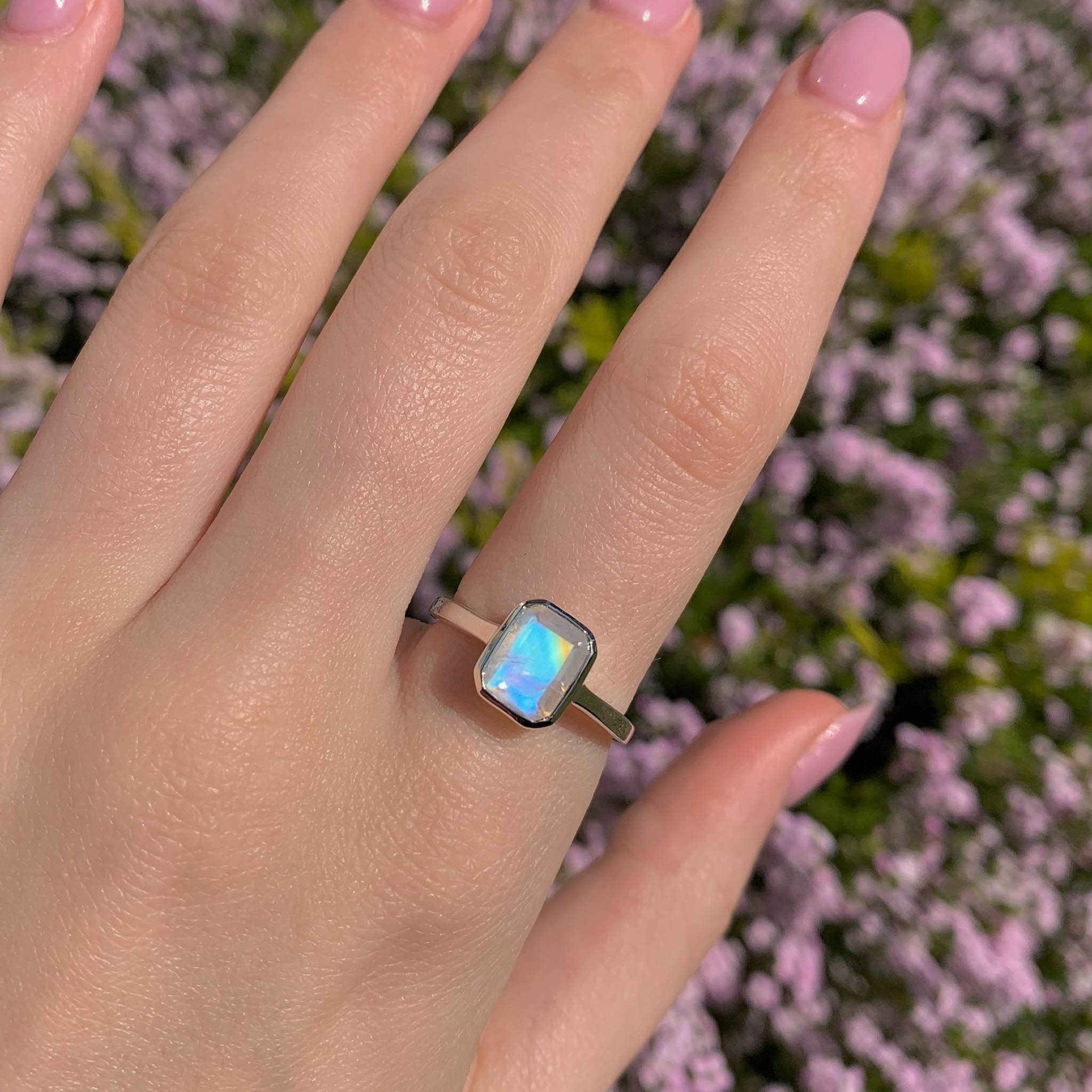 Sterling silver moonstone ring being worn